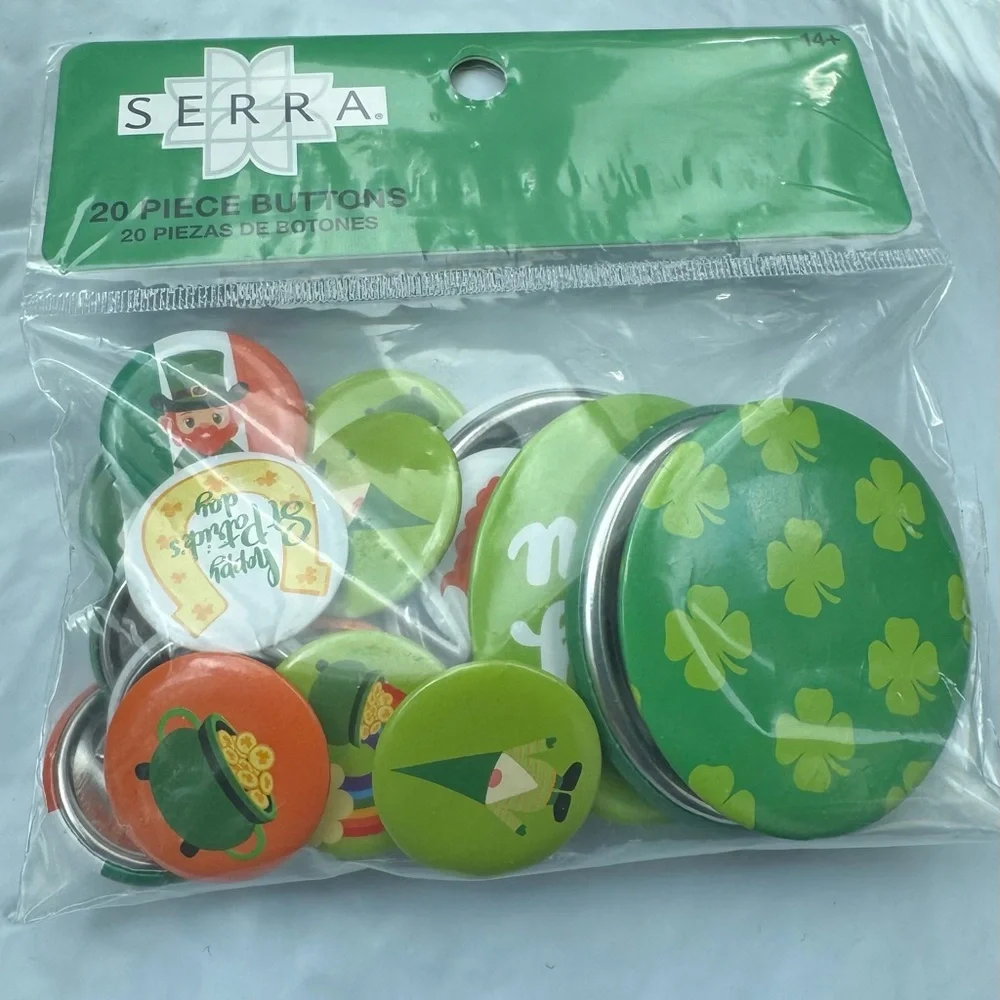 Serra Green and Orange St. Patrick day Button Pin Set.  2 packages,20 pins each
